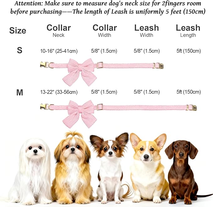 Dog Collar and Leash Set with Bowtie, Girl Dog Collars Metal Buckle Adjustable for Small Medium Dogs (Yellow, M: Neck 13"-22" Leash 5 FT)
