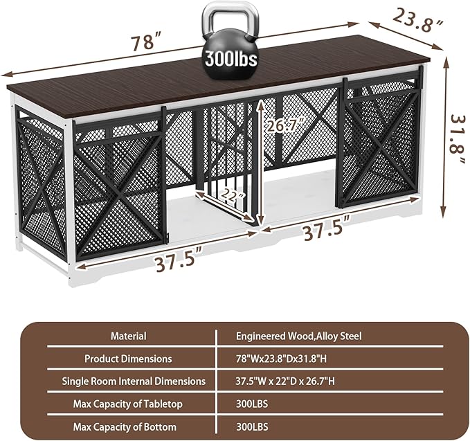 COZPAW 78 Inch Double Dog Crate Furniture, Extra Large Dog Kennel Indoor for Medium Large 2 Dogs, Heavy Duty Dog Cage Chew-Resistant Steel and Wooden Pet House with Removable Divider (White Brown)