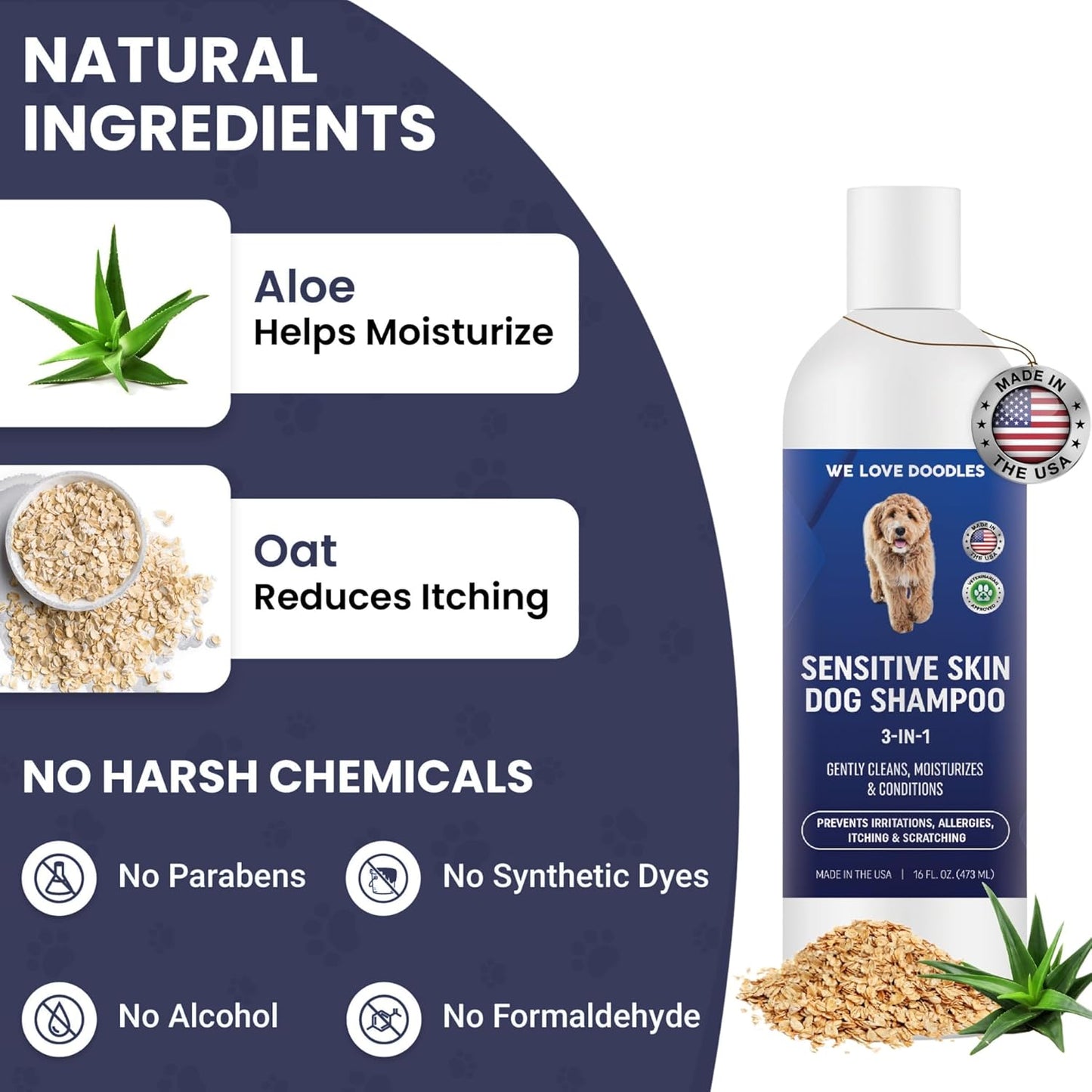 Premium 3-in-1 Sensitive Skin Dog Shampoo, Great for Allergies, Itching, Scratching, Anti-Itch Shampoo for Dogs with Oatmeal & Aloe, Made in USA, Natural Ingredients, 16 oz [We Love Doodles]