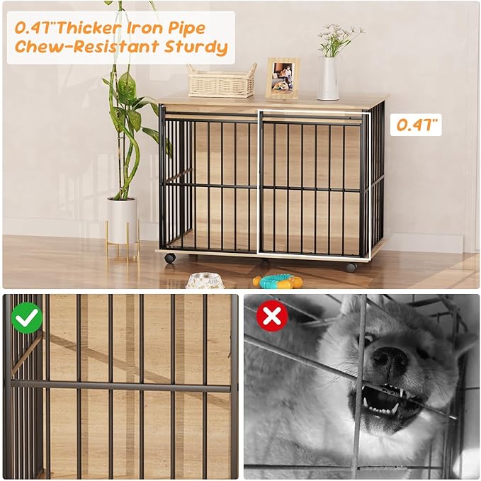 43.3" Dog Crate Furniture, Dog Kennel Indoor with Wheels for Large Medium Small Dogs, Wooden Dog Crate End Table with Sliding Door, Wooden Dog Kennel Furniture for Living Room, Bedroom