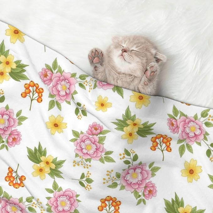 Double Sided Pet Throw for Dogs Who Shed, Colorful Rowan Berries Blossoming Spring Poppies Pattern, Reversible Blanket with Nubby Dot Side Catches Loose Fur for Easier Furniture Cleanup