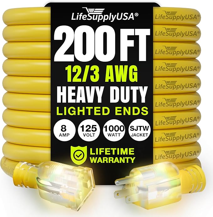200ft Outdoor/Indoor Extension Cord 12/3 Gauge Extra Heavy Duty 3 Prong SJTW, Waterproof, Flexible Cold-Resistant Long Power Cord,8A 125V 1000W, Yellow by LifeSupplyUSA