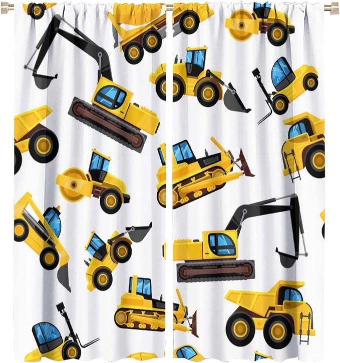 Kids Construction Equipment Window Curtains, Excavator Tractor Tow Truck Rod