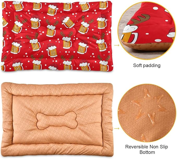 Pet Bed Christmas Beer Mugs Deer Dog Bed Mat Absorbing Non Slip Pad Pet Sleeping Mat for Small, Medium, and Large Dogs Puppy Cat 36 in x 24 in