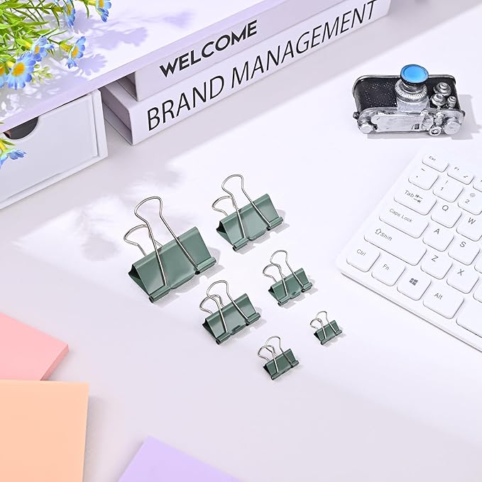 Temiary Aesthetic Binder Clips, 24 Pcs 1.26 Inches Small Metal Binder Clip with Clear Storage Container, Binding Paperwork Clamps for School Teachers Office Supplies (Green)