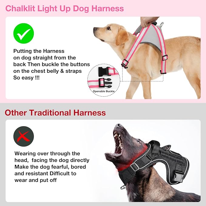 ChalkLit Light Up Dog Harness, No Pull Led Dog Harness Glow-in-The-Dark for Night Walking, USB Rechargeable Lighted Safety Vest for Medium Large Dogs, Adjustable Soft Mesh Fully Illuminated(Pink, L)