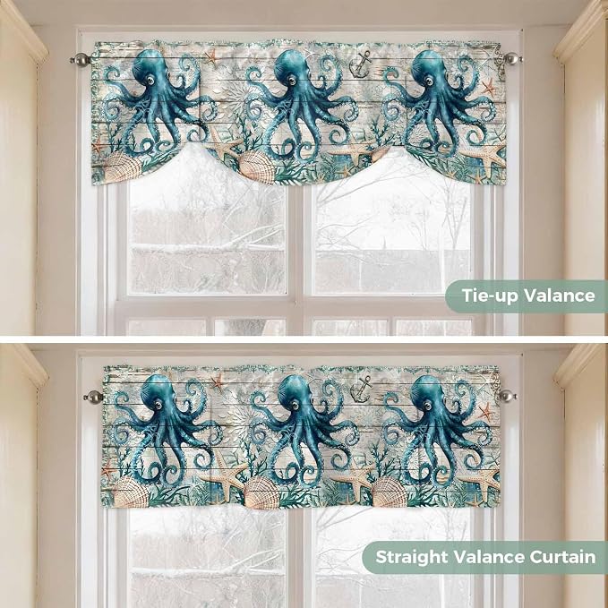 Sea Octopus Ocean Starfish Tie Up Valance Curtains, Nautical Anchor Vintage