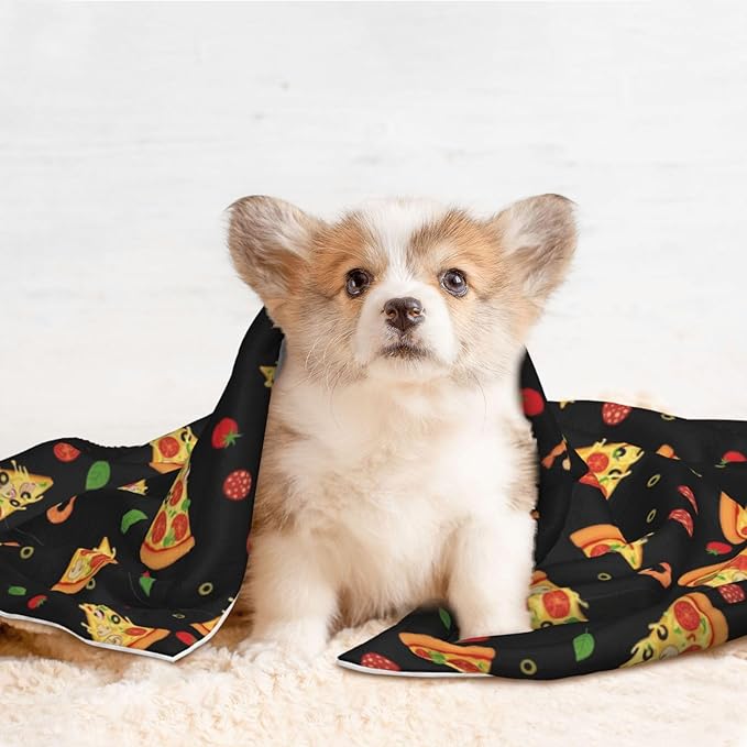 Two Sided Pet Cuddler Blanket for Anxiety Calming, Cartoon Pizza Slices, Reversible Plush Design with Bubble Dot Pattern Provides Familiar Surface Anywhere