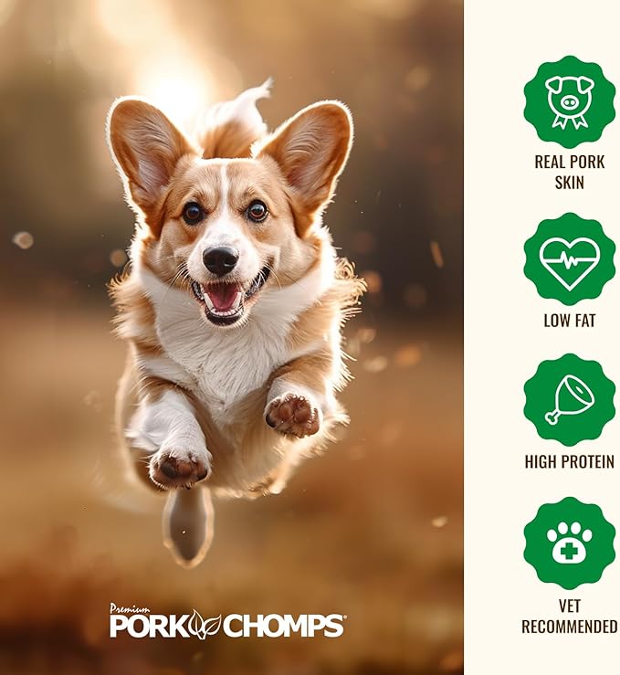 Pork Chomps Baked Pork Skin Dog Chews, 6 Inch Knots, 8 Count, 1 Pack, Bacon Flavor - Long-Lasting Treats for Dogs - High Protein, Rawhide-Free, Low Fat, Healthy & Delicious Chews