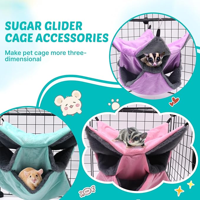 LYART Sugar Glider Pouch Hammock Bed Bedding, Sugar Glider Cage Accessories Toys for Rat, 3-Layer Hammock Make Pet Cages More Three-Dimensional (3.Grey+Mint)