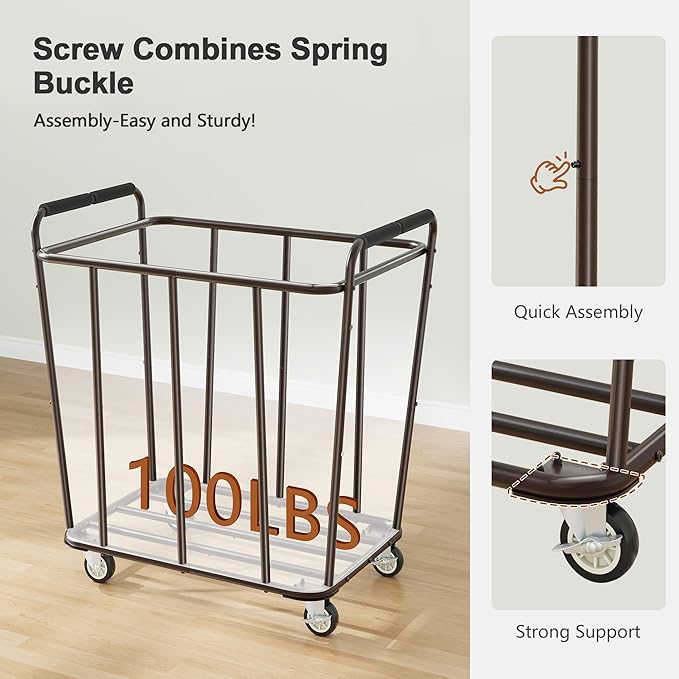 Hoctieon Large Laundry Cart with Wheels, 400L Heavy Duty Laundry Basket Organizer, Rolling Hamper Sorter for Clothes Storage, Industrial Dirty Clothes Hamper for Home & Hotel, Green+Brown