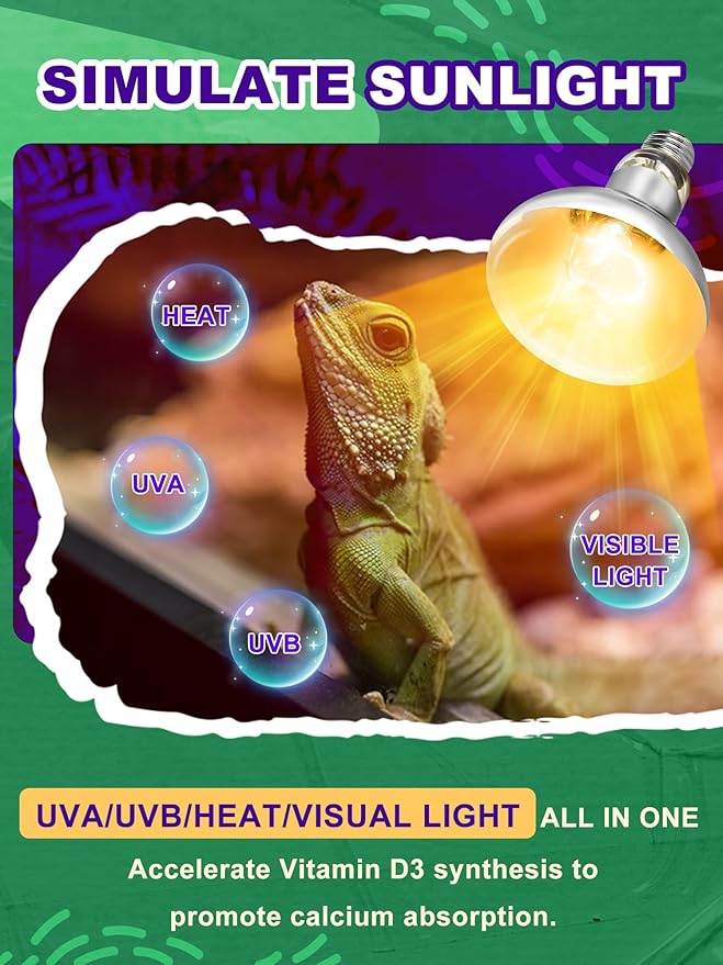 Heat Lamp Bulb, 125 Watt Pack of 2 Full Spectrum UVA UVB Reptile Heat Bulb, Basking Spot Light, Simulate Natural Sun Light for Reptile and Amphibian, Pack of 2