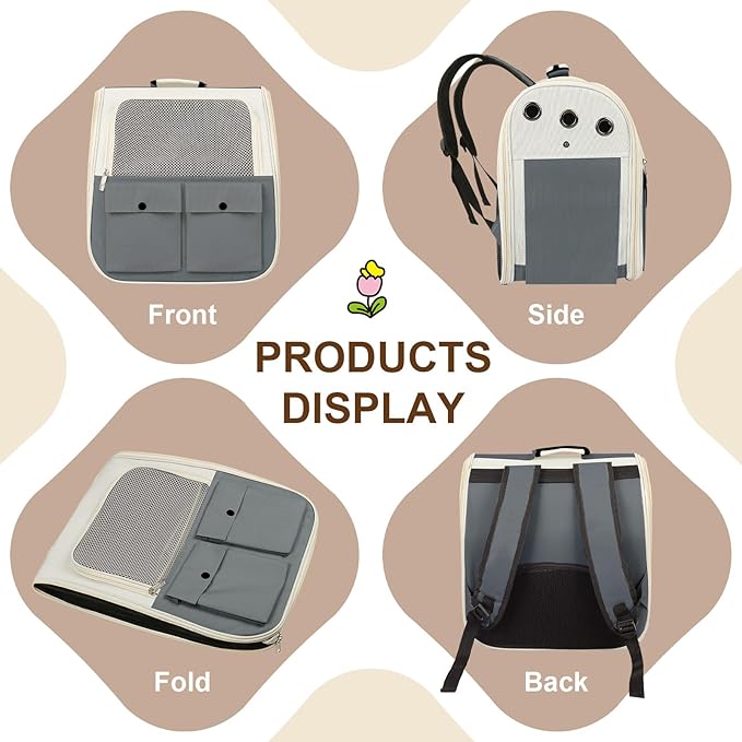 Airline Approved Cat Carrier Backpack - Ventilated Breathable Mesh for Small Dogs & Cats (15lbs), Soft Sided Dog Backpack for Hiking, Camping, Travel & Vet Visits with Padded Straps (Grey)