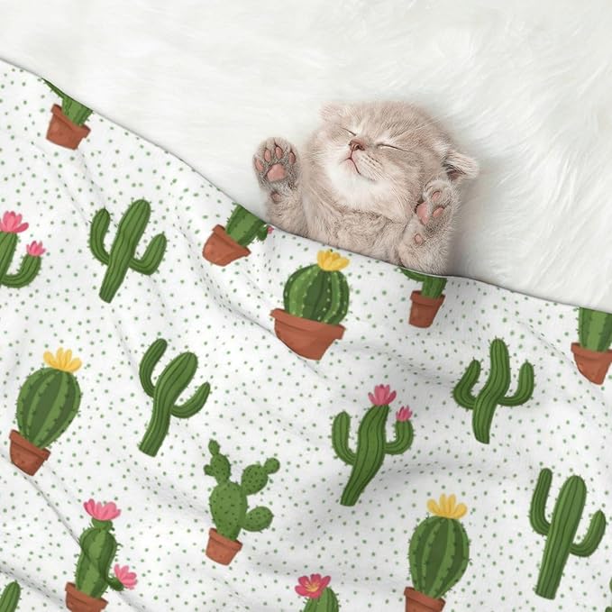 Reversible Pet Blanket for Sofa Protection Pet Comfort, Cactus Floral Bloom Flower Summer Tropical Watercolor, Double Sided Design with Cozy Nubby Nap Side and Durable Smooth Play Side
