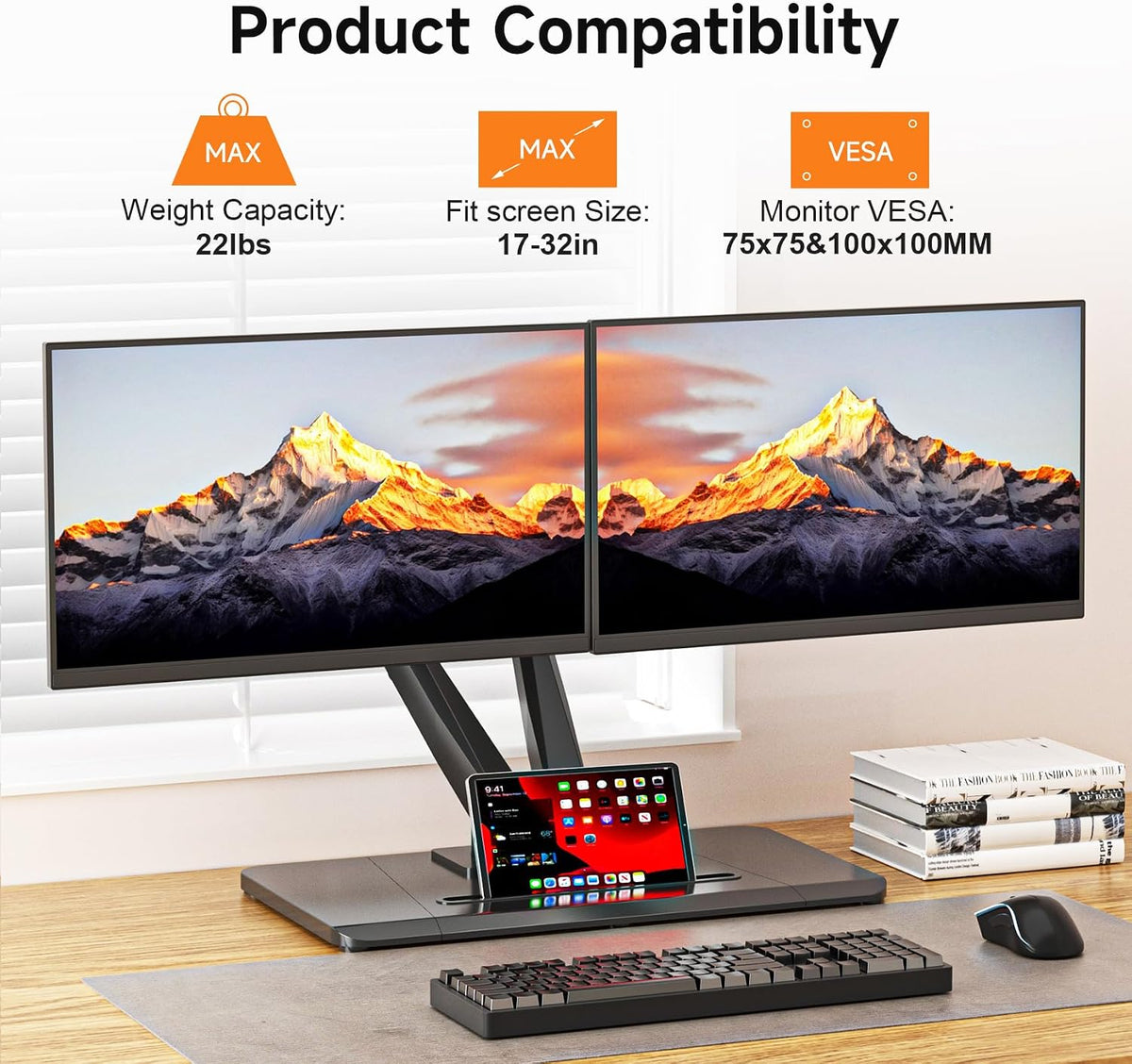 Pholiten Adjustable Dual Monitor Arms with Base for 17-32" Screens