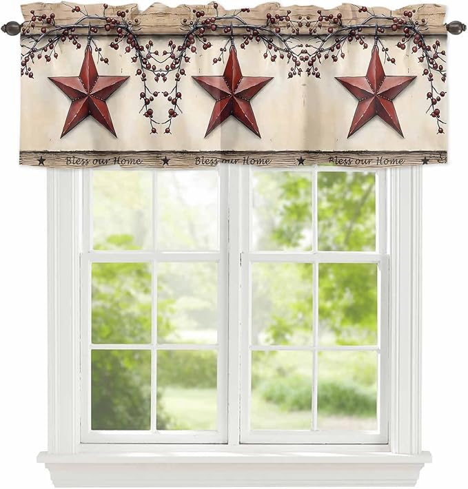 Farmhouse American Valances for Windows, Country Star Berries Vintage Wood