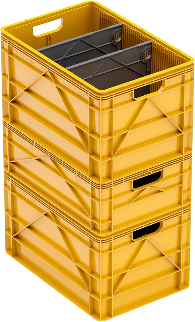 SIDIO Crate Basic Pack - 2 Full-Size & 1 Half-Size Heavy Duty Stackable Storage Bins, Totes and Containers with Dividers - Durable Plastic Organizer for Home, Office, Garage, and Outdoor Use (Sol)