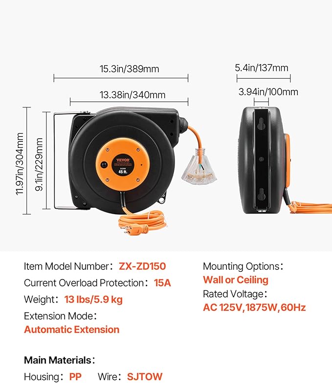 VEVOR Retractable Extension Cord Reel, 45 FT, Heavy Duty 12AWG/3C SJTOW Power Cord, with Lighted Triple Tap Outlet, 15 Amp Circuit Breaker, 180° Swivel Bracket for Ceiling or Wall Mount