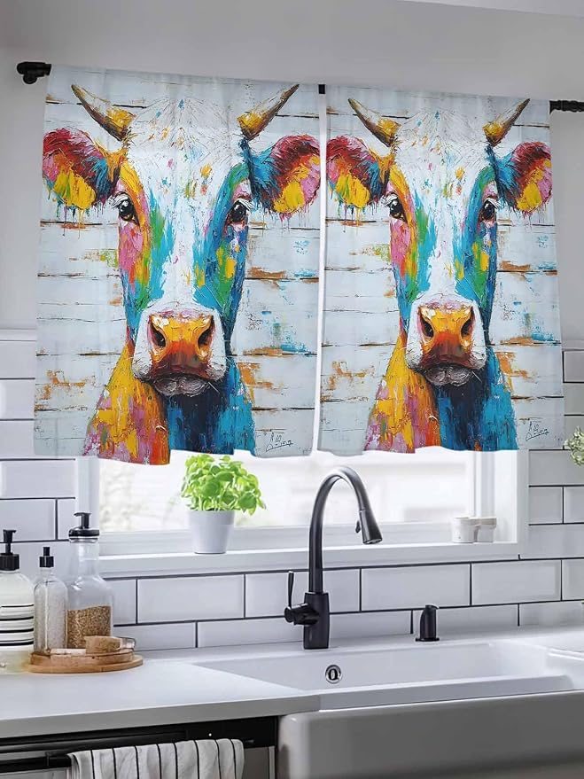 Sheer Curtains 54 Inch Length, Funny Colorful Cow Semi Sheer Curtains Light