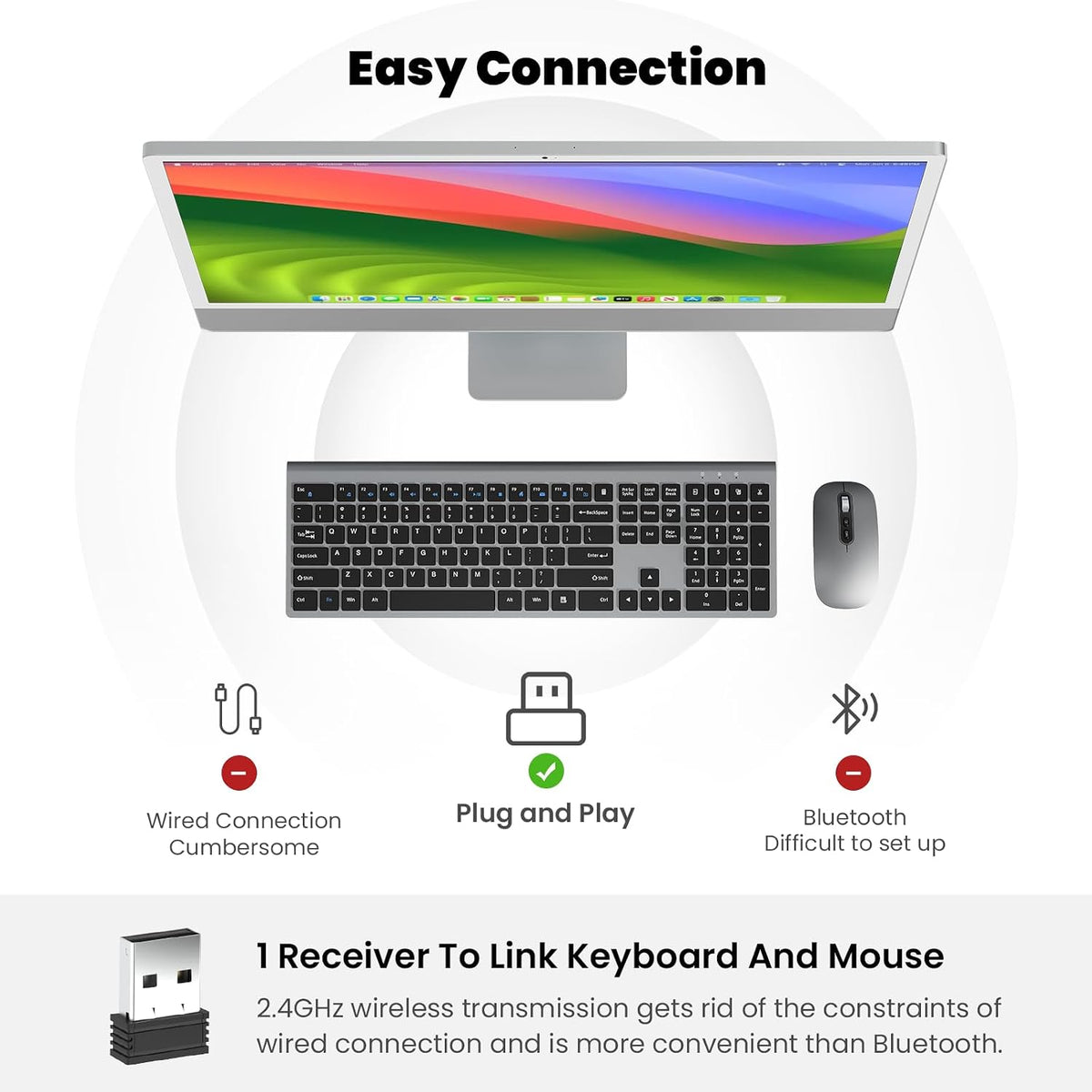 cimetech Rechargeable Full Size Wireless Keyboard and Mouse Combo - Grey