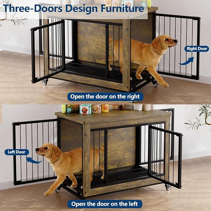 38 Inch Rustic Dog Crate Furniture with 3 Doors and Locking Wheels, Wooden Heavy-Duty Indoor Kennel with Removable Tray for Small and Medium Dogs, Easy-Clean Side Table or Nightstand Style Design