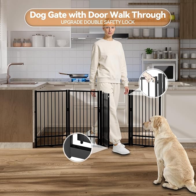 Full Metal Freestanding Dog Gate with Door, 36''Height Foldable Pet Dog Fence for Indoor & Outdoor, 4 Panels Extra Wide Free Standing TallDog Gates for Doorways,House,Stairs,Porch,Deck,Yard