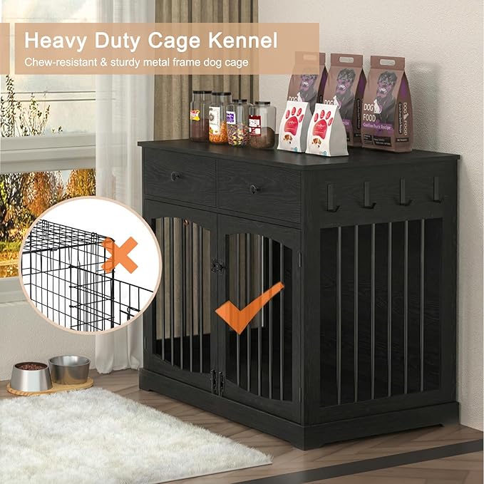 BREEZEHEAT 40 inch Dog Crate Furniture-Farmhouse Dog Kennel with Drawers-End Table Wooden Pet Crate, Double Door Design, Decorative Dog House Indoor for Small Medium Large Dog,Brwon