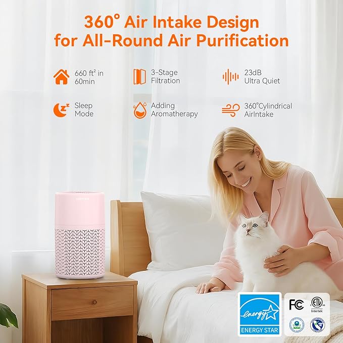 AIRROMI Pets Air Purifier for Home Allergies,Up to 660 ft². HEPA Deodorizing Activated Carbon Filter,With Fragrance Sponge for Better Sleep,Night Light,Pet Dander,Smoke,Odors,Air Cleaner A2002 Pink