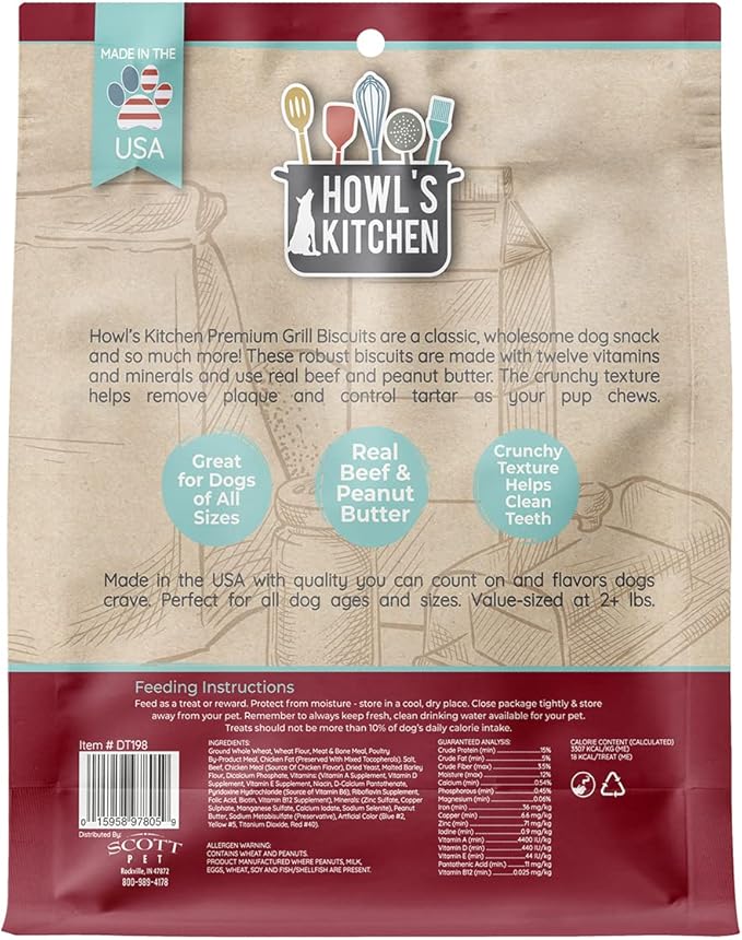 Howl's Kitchen Biscuits, 12 oz Bag, 1 Count, Beef, Chicken and Peanut Butter Mix, Rawhide Free, All Natural Chewy Dog Treats, for All Breed Sizes