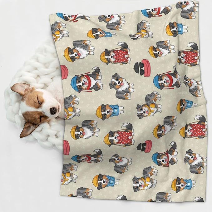 Double Sided Pet Mat for Dog Bed Topper Cat Blanket Furniture Protector, Cute Australian Shepherd Dog and Puppy, Reversible Plush with Tactile Dot Pattern for Style Change