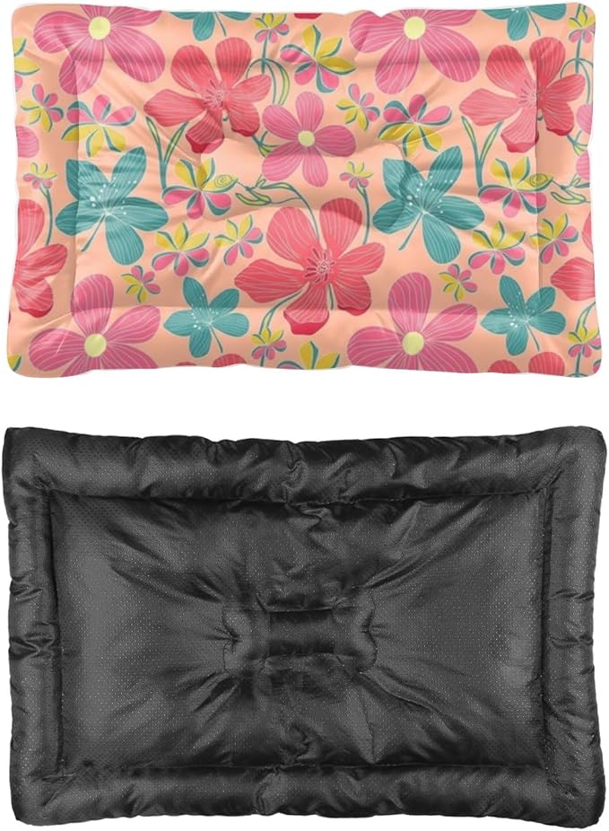 Pastel Pink Floral Dog Bed Small Dog Mats for Sleeping Kennel Pads Chew Resistant Bed for Crate Washable Non-Slip Crate Medium Size Mats Paw Cushion Indoor Outdoor 36X24 Inch