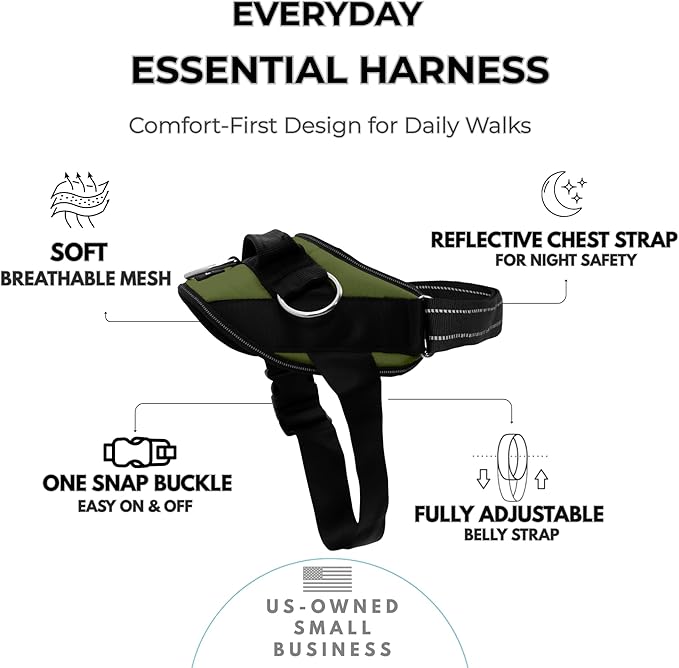 ShawnCo Essential Dog Harness, No-Pull Pet Vest with 3 Leash Clips, No Choke, Reflective, Adjustable and Padded, for Easy Walking and Training for Small, Medium and Large Dogs (Olive Green, XL)