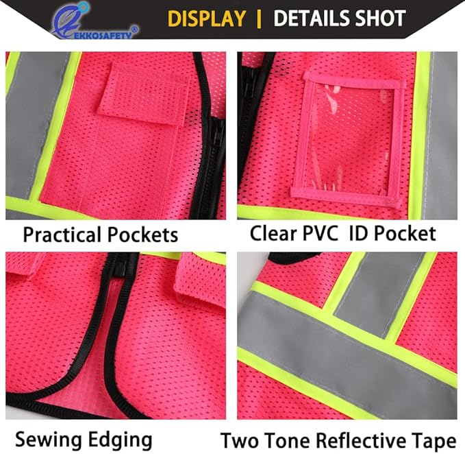Safety Vest for Men Women,Mesh High Visibility Construction Work Vest with Reflective Strips,Meets ANSI/ISEA Standards(EK175-Mesh-Hot Pink-L)