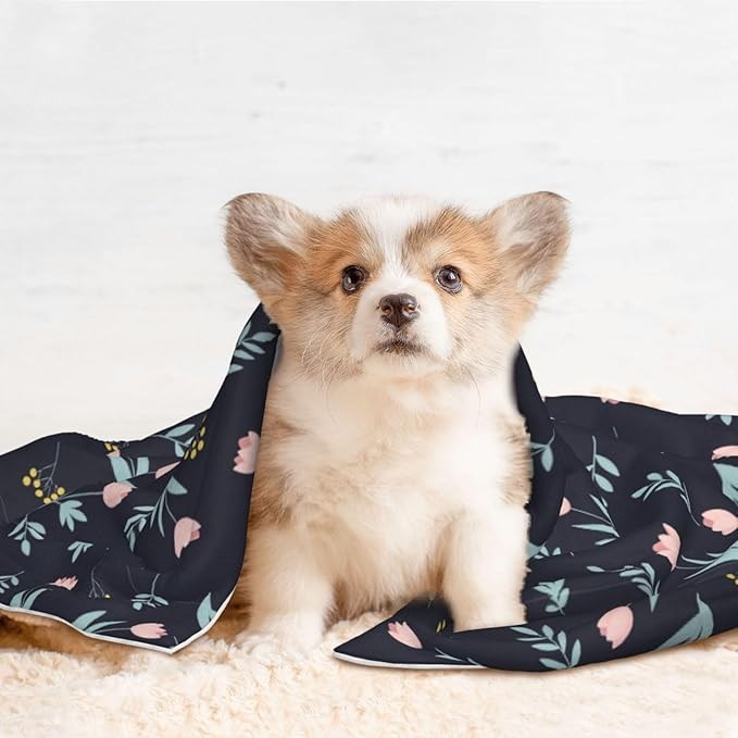 Two Sided Plush Pet Blanket for Crates Carriers Home Use, Shabby Chic Floral Tulips Flower Pink, Reversible Throw with Cozy Dot Fabric and Silky Reverse for Small Large Pets