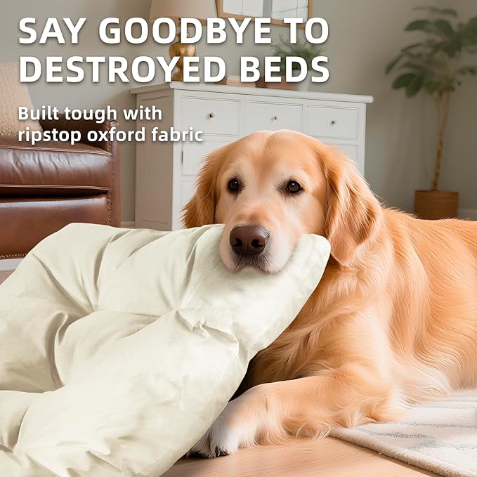 Chew Resistant Dog Bed for Small Dogs - Durable 23"x17" Kennel Pad with Soft Plush Filling, Machine Washable Crate Mat for Aggressive Chewers, Indoor Outdoor Pet Bed, Beige