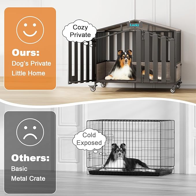 EasyCom 41“ Heavy Duty Dog Crate Furniture, Dogs Kennel Indoor with 360° Wheels, Decorative Dog Kennels for Medium Dogs, Dog Crate with Feeding Window and Name Tag, Dog House, Oak Grey