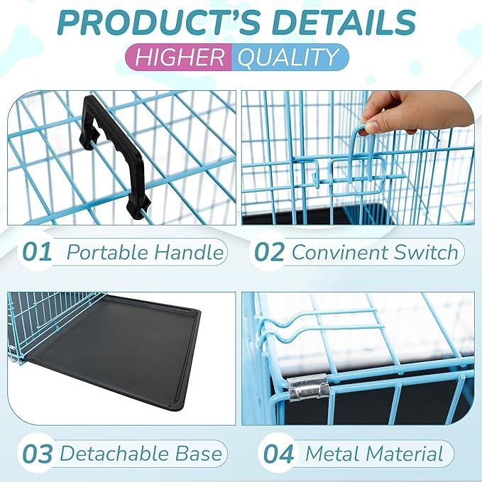 48 Inch Heavy Duty Dog Crate Double Door Folding Metal Dog Cage Dog Crates for Large Dogs Outdoor Indoor Includes Divider Panel and Leak-Proof Tray,Blue
