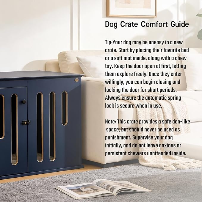 Elegant Heavy-Duty Dog Crate Furniture for Large Dogs - 40-inch Blue Multi-Layer Solid Wood tv Stand with 2 Quick-Release Doors, Stylish Indoor Dog Kennel or cage