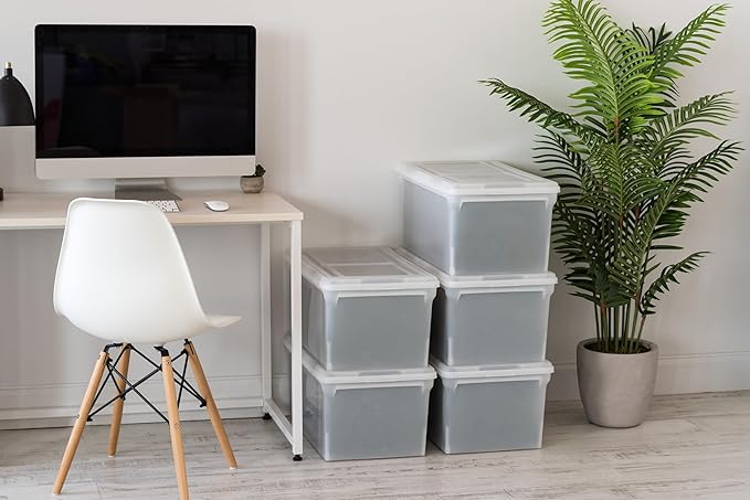 IRIS USA File Box File Organizer w/ Hinged Split Latching Lid for Letter/Legal File, Water Resistant Document Box, BPA-Free, Plastic Storage Bin Tote Organizer, Stackable, Nestable, Clear 44 Qt. 5Pack