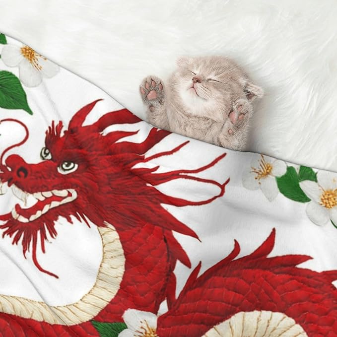Two Sided Pet Cuddler Blanket for Anxiety Calming, Floral Chinese Japanese Dragon Flower, Reversible Plush Design with Bubble Dot Pattern Provides Familiar Surface Anywhere