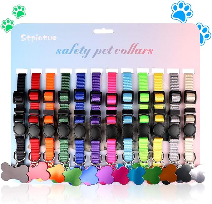 Upgraded Puppy Collars for Litter Puppy ID Collars Whelping Supplies Soft Nylon Breakaway Coloured Collars with 12 ID Tags and 6 Record Keeping Charts(S)