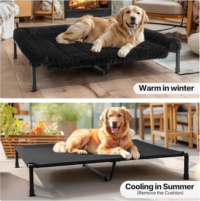 Veehoo Elevated Dog Beds Large Sized Dog with Fluffy Plush Bolster Cushion, Washable Orthopedic Dogs Couch Bed, Raised Pet Cot with Removable Mat, Breathable Mesh, No-Slip Feet, 53 x 37 inches, Black