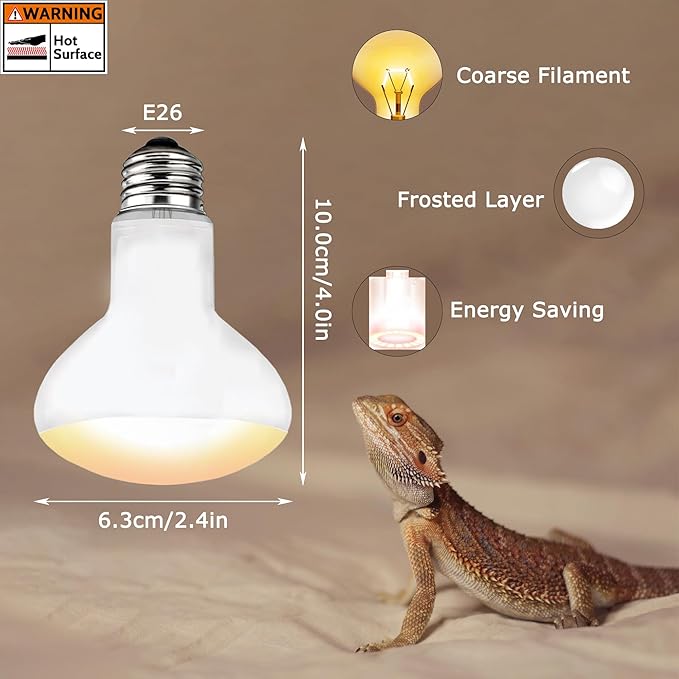 60W E26 Reptile Heat Lamp Bulbs, R63 Upgraded UVA Basking Spot Light for Bearded Dragon, Lizard, Tortoise & Amphibians - Simulated Natural Sunlight, Daylight Bulb fot Terrarium | 2 Pack