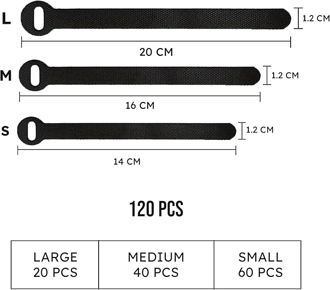 120 PCS 5/6/8 Inch Cord Wraps for Charging Cords – Data Cable Organizer Ties – Reusable Cable Ties – Electrical Wire Straps, Black