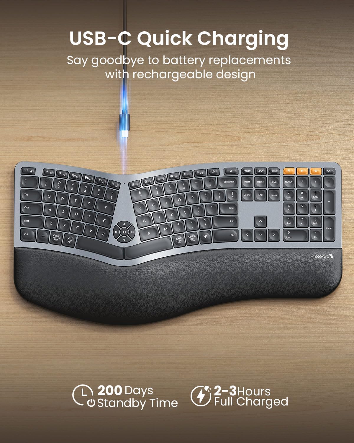 ProtoArc EK01 Plus Backlit Bluetooth Ergonomic Keyboard, Full Size, Grey