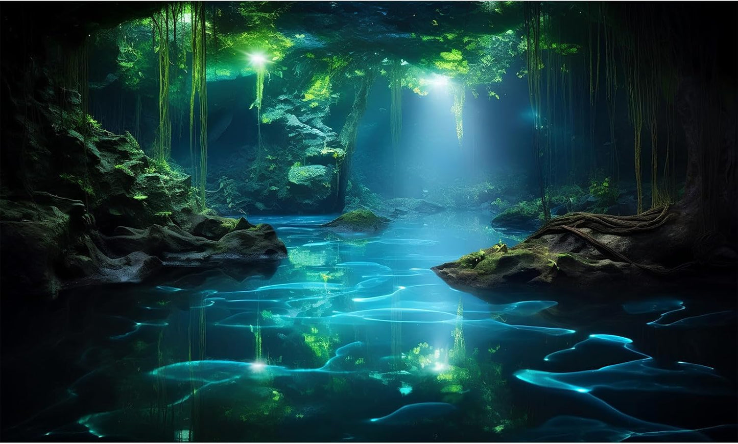 Cave Aquarium Background Underwater Cave with Light Beam Tranquil Stream Terrarium Background Mysterious Elegant Fantasy Tropical Plants Fish Tank Backdrop Wallpaper Poster Decorations Vinyl 48x20in
