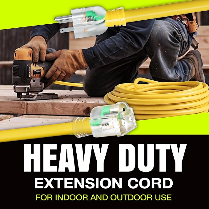 10ft Outdoor/Indoor Extension Cord 12/3 Gauge Extra Heavy Duty 3 Prong SJTW, Waterproof, Flexible Cold-Resistant Long Power Cord,15A 125V 1875W, Yellow by LifeSupplyUSA