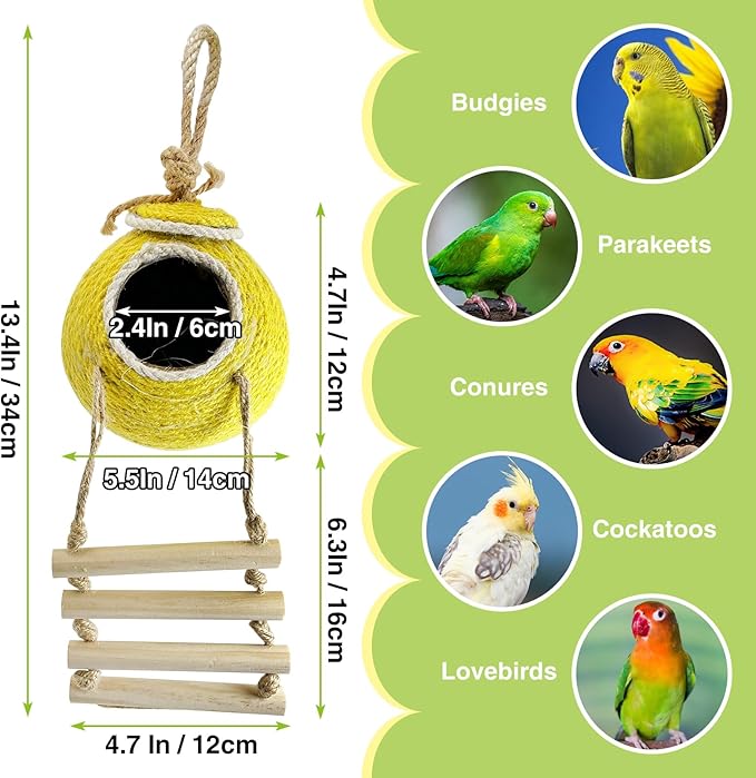 Tfwadmx Coconut Hide with Ladder, Natural Coconut Fiber Hanging Birdhouse Cage, Handmade Sisal Rope & Coconut Bird Shell Breeding Nest for Parrot Parakeet Lovebird Finch Canary (2 Pcs Yellow)