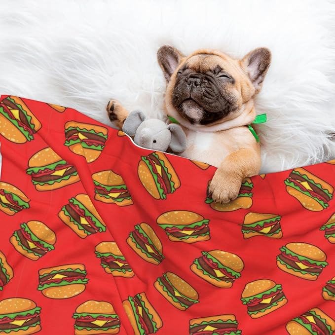 Double Sided Pet Throw for Dogs Who Shed, Burger Hamburger Pattern Red, Reversible Blanket with Nubby Dot Side Catches Loose Fur for Easier Furniture Cleanup