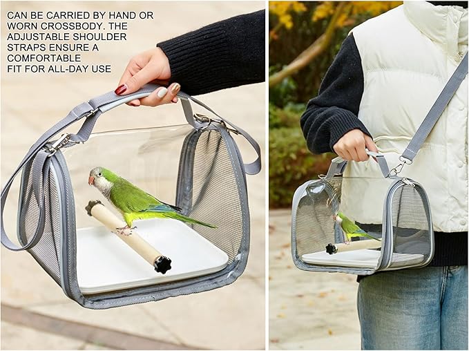 Portable Small Pet Carrier Bag – Travel Bird Cage for Parrots, Parakeets, Cockatiels, Hamsters, Lizard and Vet Visit with Shoulder Straps & Side Access (Includes tray and stand, Gray, 10.2*7.5*7.6in)